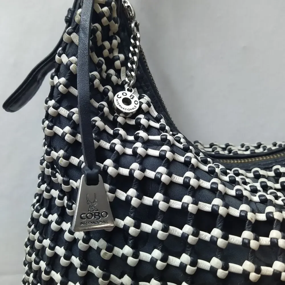 COBO International Black Nylon Mesh Woven Front Pocket Zipper Hobo Shoulder Bag